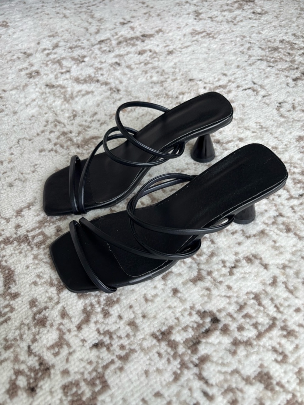 Black Strappy Square-Toe Heeled Sandals